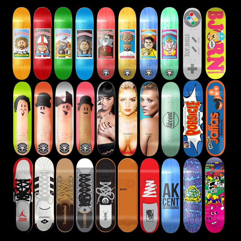 A wall of skateboard designs by Leighton Dyer